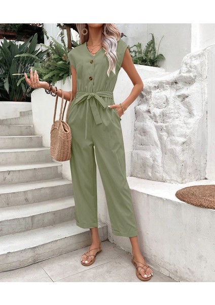 Keten Kadın V Yaka Tek Sıra Düğmeli Kolsuz Tulum indirimleri