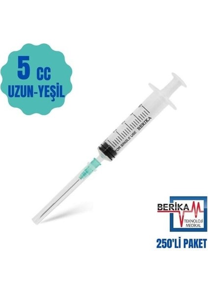 5 cc 3 Parça Contalı ve Yeşil Uzun Uçlu Enjektör 250' Li Paket
