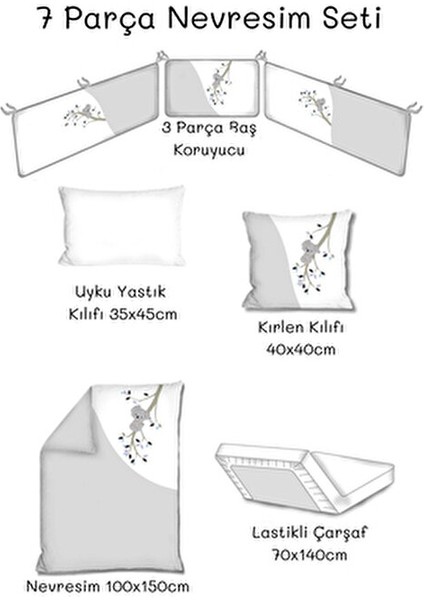 Bebek 7li Uyku Seti %100 Pamuk 100X150CM Gri Koala Nevresim Takımı 70X140 Lastikli Çarşaf modelleri