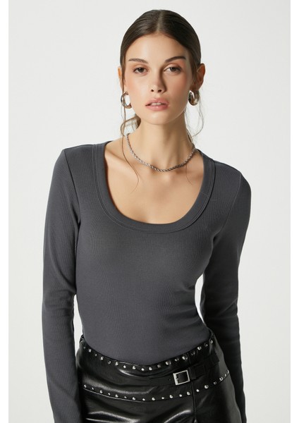 Kadın Anita Tok Doku Pamuklu Fittili Antrasit Basic Bluz