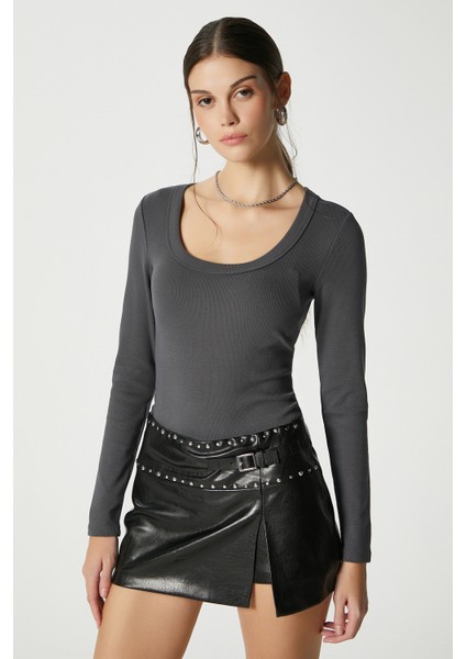 Kadın Anita Tok Doku Pamuklu Fittili Antrasit Basic Bluz fiyatları