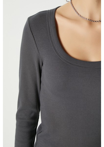 Kadın Anita Tok Doku Pamuklu Fittili Antrasit Basic Bluz modelleri