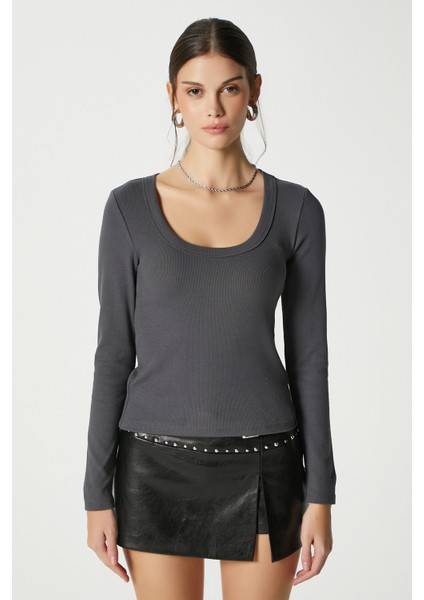 Kadın Anita Tok Doku Pamuklu Fittili Antrasit Basic Bluz fırsatları