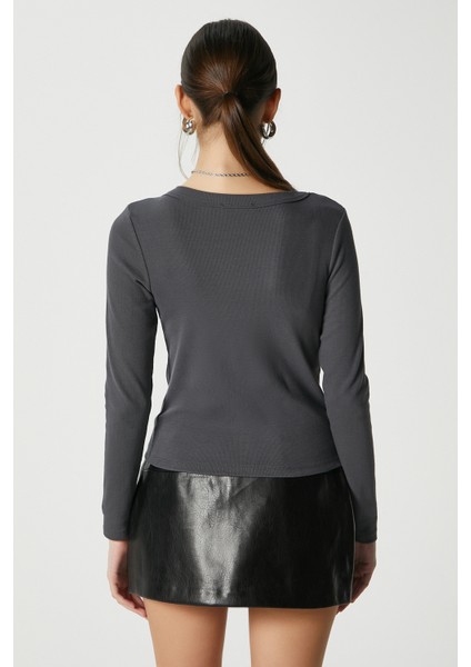 Kadın Anita Tok Doku Pamuklu Fittili Antrasit Basic Bluz indirimleri