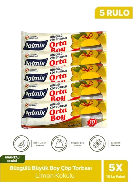 Polmix Büzgülü Limon Kokulu Sarı Çöp Torbası Poşeti / 55 x 60 cm X5 Rulo