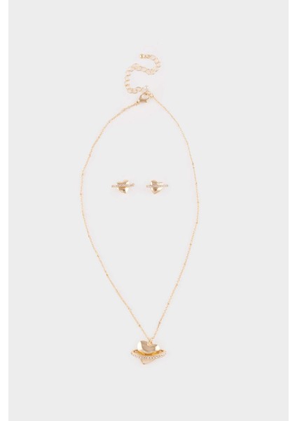 Kadın Kalp Detaylı Taşlı Gold Kolye Küpe Seti F7725AXNS