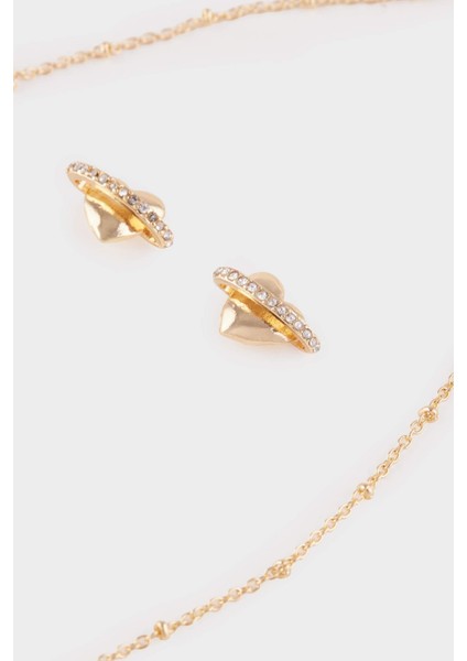 Kadın Kalp Detaylı Taşlı Gold Kolye Küpe Seti F7725AXNS fiyatları