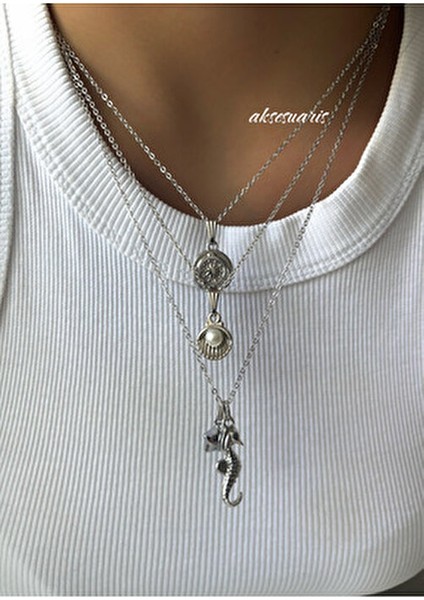 3'lü Gümüş Yıldızlı Charm Deniz Kabuğu Incili Kolye Set Plaj Kombin