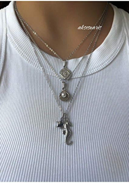 3'lü Gümüş Yıldızlı Charm Deniz Kabuğu Incili Kolye Set Plaj Kombin fiyatları