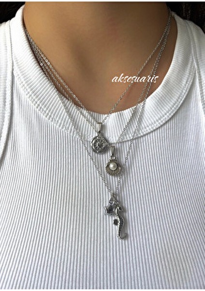 3'lü Gümüş Yıldızlı Charm Deniz Kabuğu Incili Kolye Set Plaj Kombin modelleri