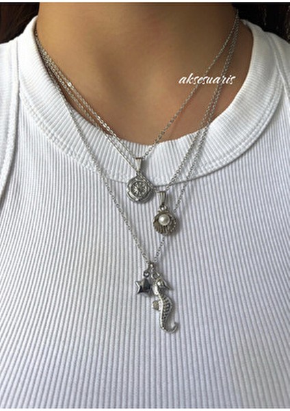 3'lü Gümüş Yıldızlı Charm Deniz Kabuğu Incili Kolye Set Plaj Kombin fırsatları