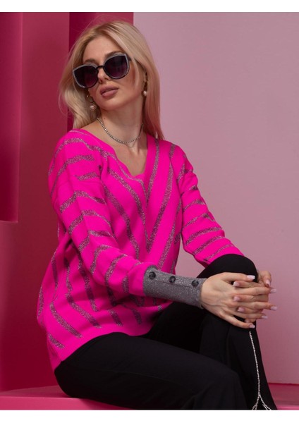 Pembe Çizgili V Yaka Kadın Kazak modelleri