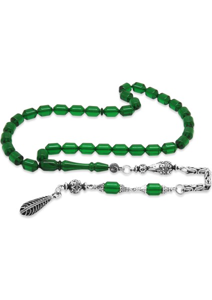 Kararmaz Metal Kral Zincir Püsküllü Uçlu Kapsül Kesim Yeşil Ateş Kehribar Tesbih