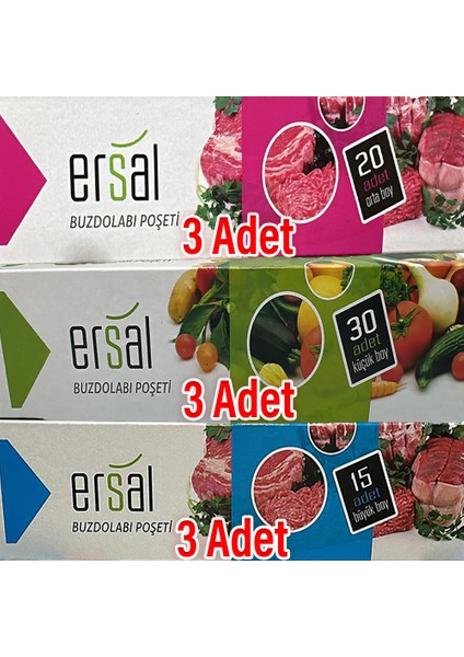 Ersal x 9 Paket Buzdolabı Poşeti Küçük (3) - Orta (3) - Büyük Boy(3)