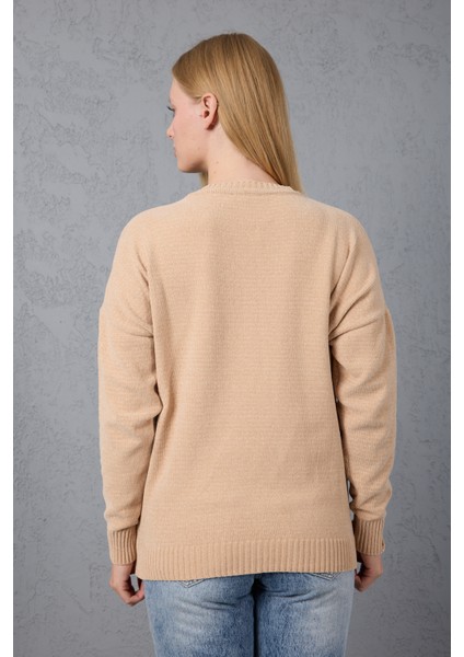 Kadın Açık Bej Şönil Kadife Renk Bloklu Bisiklet Yaka Triko Kazak fırsatları