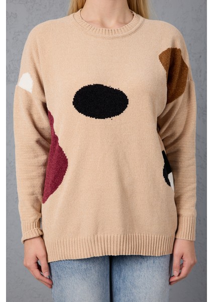 Kadın Açık Bej Şönil Kadife Renk Bloklu Bisiklet Yaka Triko Kazak indirimleri