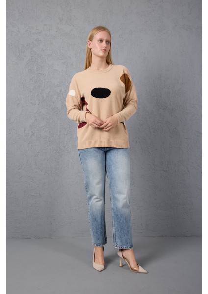 Kadın Açık Bej Şönil Kadife Renk Bloklu Bisiklet Yaka Triko Kazak