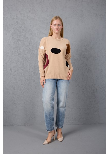 Kadın Açık Bej Şönil Kadife Renk Bloklu Bisiklet Yaka Triko Kazak