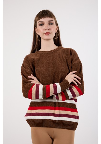 Kadın Acı Kahve Çizgili Bisiklet Yaka Şönil Kadife Triko Kazak
