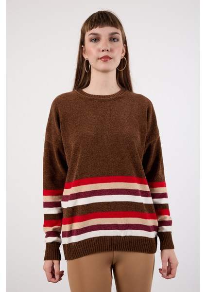 Kadın Acı Kahve Çizgili Bisiklet Yaka Şönil Kadife Triko Kazak fiyatları