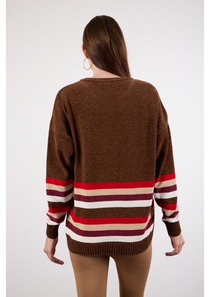 Kadın Acı Kahve Çizgili Bisiklet Yaka Şönil Kadife Triko Kazak fırsatları