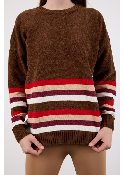 Kadın Acı Kahve Çizgili Bisiklet Yaka Şönil Kadife Triko Kazak indirimleri