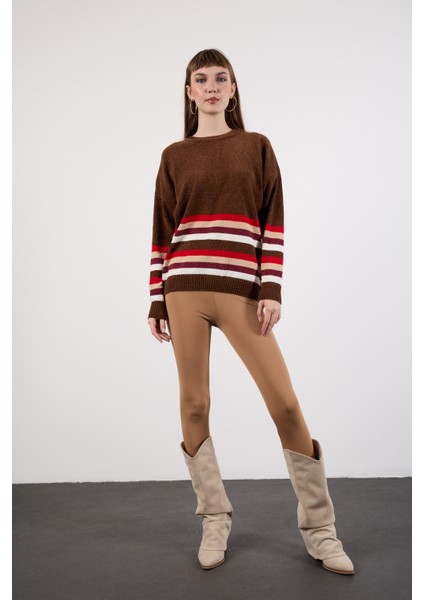 Kadın Acı Kahve Çizgili Bisiklet Yaka Şönil Kadife Triko Kazak