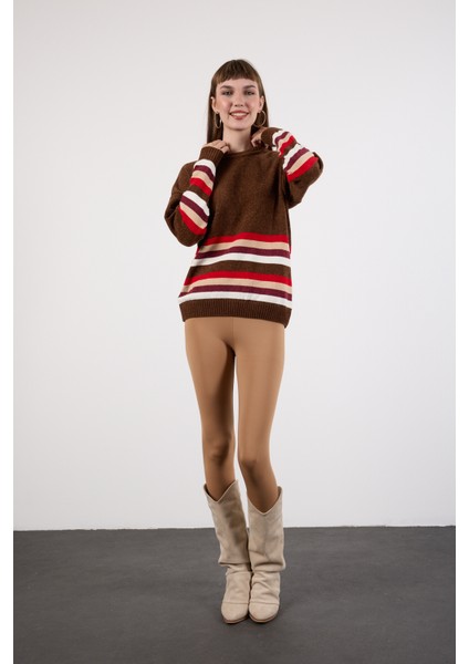 Kadın Acı Kahve Çizgili Bisiklet Yaka Şönil Kadife Triko Kazak