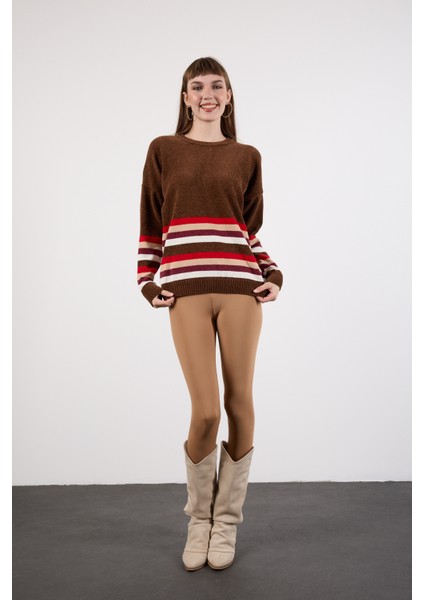 Kadın Acı Kahve Çizgili Bisiklet Yaka Şönil Kadife Triko Kazak