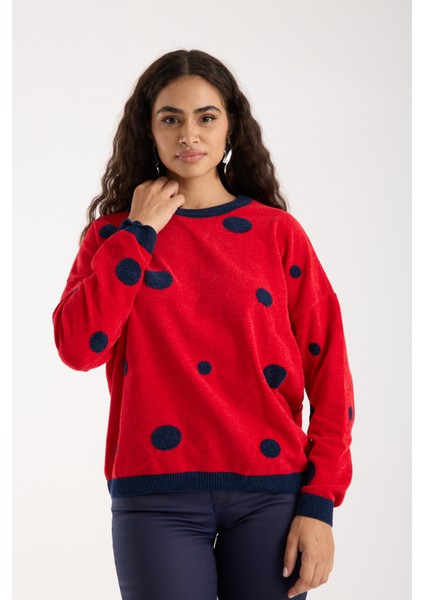 Kadın Kırmızı Puantiyeli Şönil Kadife Bisiklet Yaka Triko Kazak