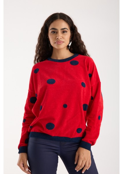 Kadın Kırmızı Puantiyeli Şönil Kadife Bisiklet Yaka Triko Kazak fiyatları