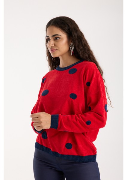 Kadın Kırmızı Puantiyeli Şönil Kadife Bisiklet Yaka Triko Kazak modelleri