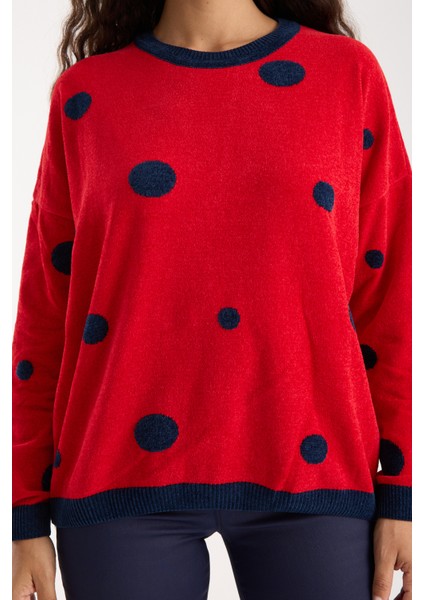 Kadın Kırmızı Puantiyeli Şönil Kadife Bisiklet Yaka Triko Kazak fırsatları