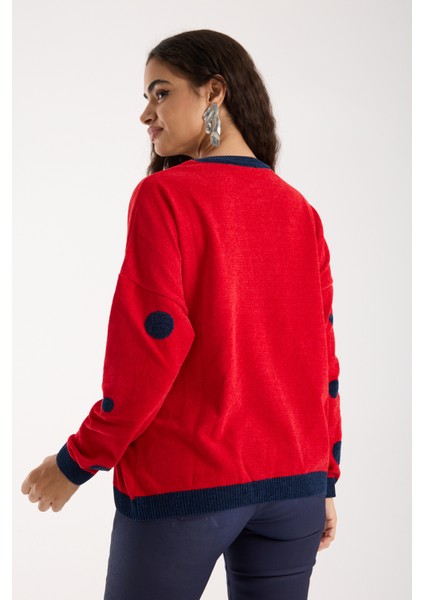 Kadın Kırmızı Puantiyeli Şönil Kadife Bisiklet Yaka Triko Kazak