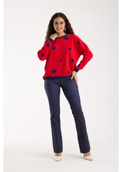 Kadın Kırmızı Puantiyeli Şönil Kadife Bisiklet Yaka Triko Kazak