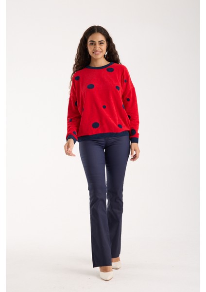 Kadın Kırmızı Puantiyeli Şönil Kadife Bisiklet Yaka Triko Kazak