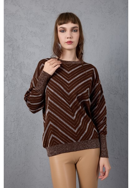 Kadın Acı Kahve Geniş Manşetli Bisiklet Yaka Sim Desenli Triko Bluz