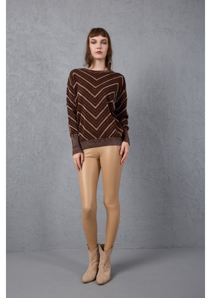 Kadın Acı Kahve Geniş Manşetli Bisiklet Yaka Sim Desenli Triko Bluz