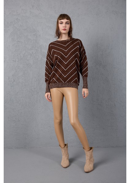 Kadın Acı Kahve Geniş Manşetli Bisiklet Yaka Sim Desenli Triko Bluz