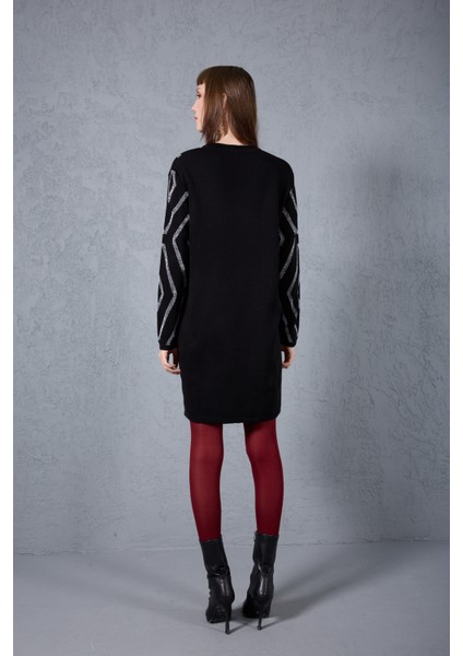 Kadın Siyah Yan Yırtmaçlı Bisiklet Yaka Sim Desenli Triko Bluz modelleri