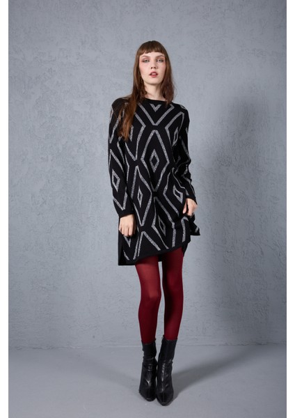 Kadın Siyah Yan Yırtmaçlı Bisiklet Yaka Sim Desenli Triko Bluz