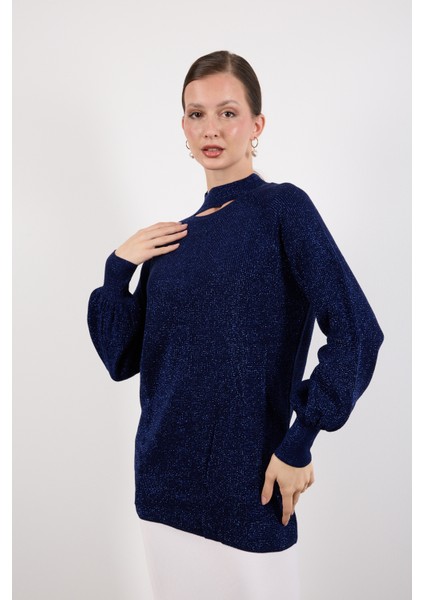 Kadın Koyu Laci Reglan Balon Kollu Choker Yaka Simli Triko Kazak