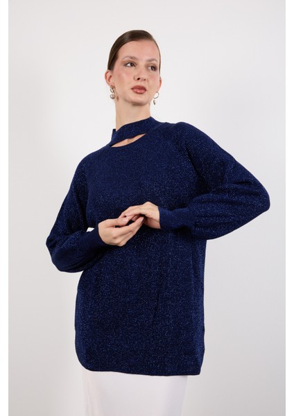 Kadın Koyu Laci Reglan Balon Kollu Choker Yaka Simli Triko Kazak fiyatları