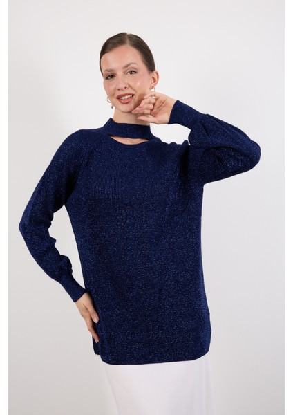 Kadın Koyu Laci Reglan Balon Kollu Choker Yaka Simli Triko Kazak modelleri