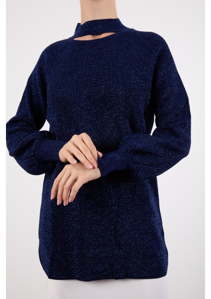 Kadın Koyu Laci Reglan Balon Kollu Choker Yaka Simli Triko Kazak fırsatları