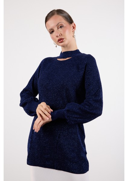 Kadın Koyu Laci Reglan Balon Kollu Choker Yaka Simli Triko Kazak indirimleri