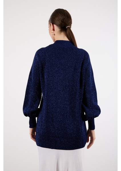 Kadın Koyu Laci Reglan Balon Kollu Choker Yaka Simli Triko Kazak