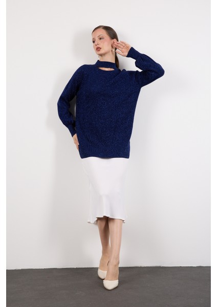 Kadın Koyu Laci Reglan Balon Kollu Choker Yaka Simli Triko Kazak