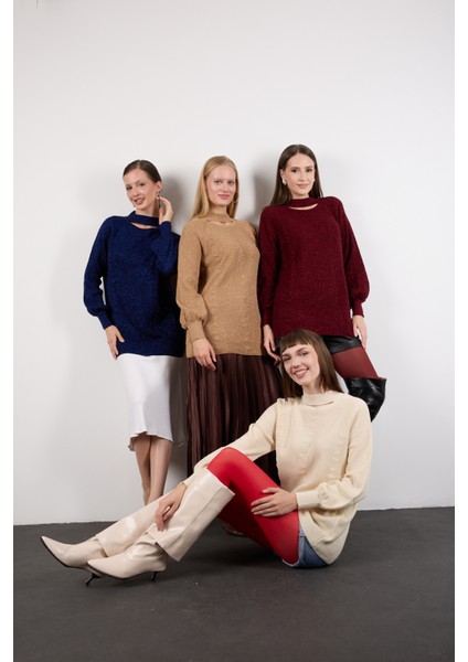 Kadın Koyu Laci Reglan Balon Kollu Choker Yaka Simli Triko Kazak