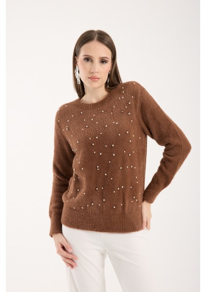 Kadın Taba Sakal Iplik Taş ve Inci Detaylı Bisiklet Yaka Triko Kazak